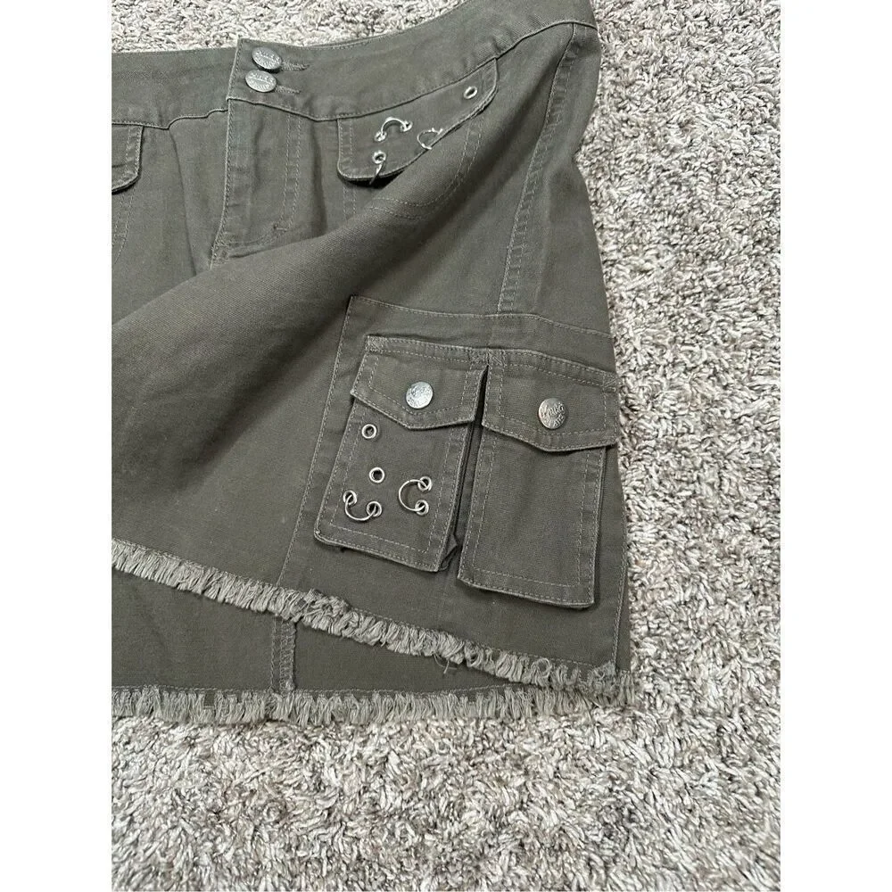 vintage y2k mudd mini mirco cargo skirt army green utility 5 grunge ring details
